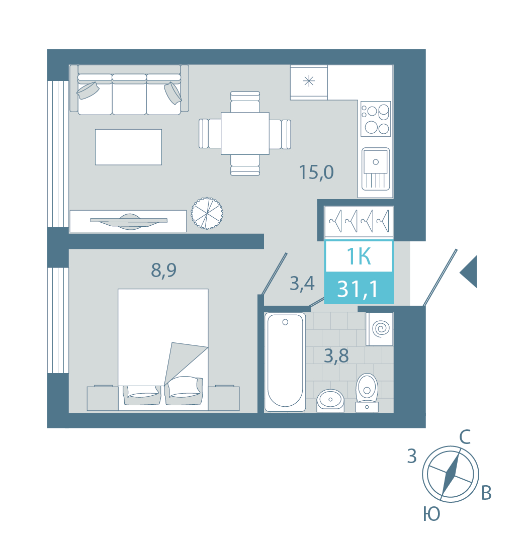 Планировка: Евродвушка 31.1 м² в ЖК AIRIS, Комарово Парк