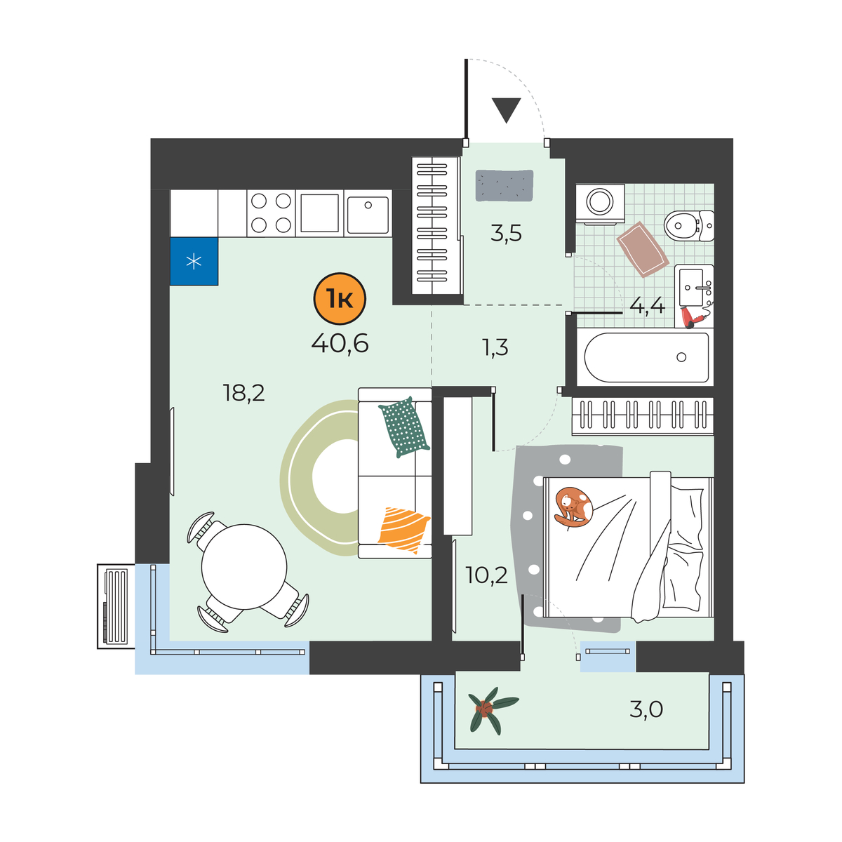 Планировка: Евродвушка 37.6 м² в ЖК Корней, Южный