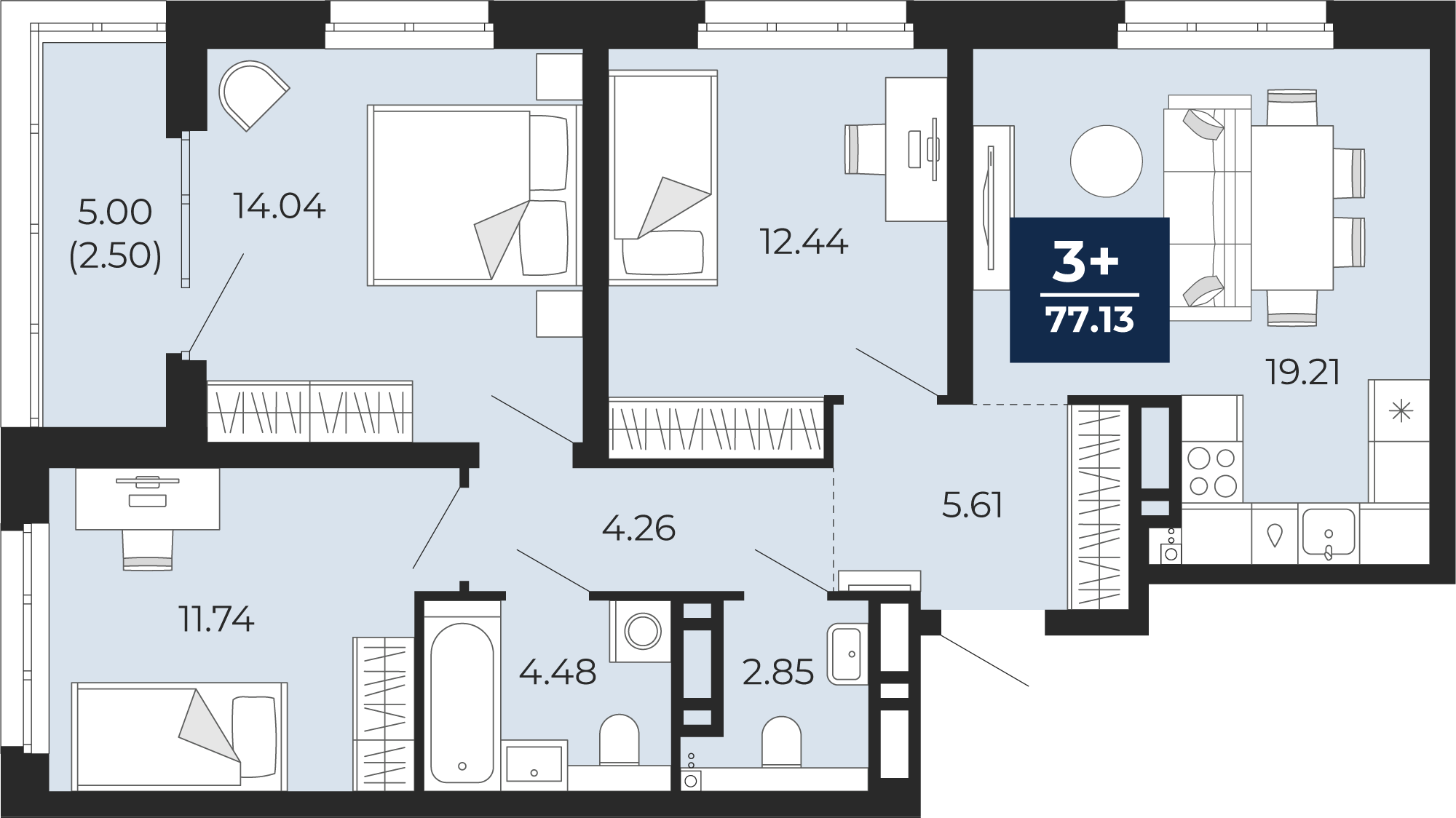 Планировка: 4-комнатная евро 74.6 м² в ЖК Прео, Тюменская слобода