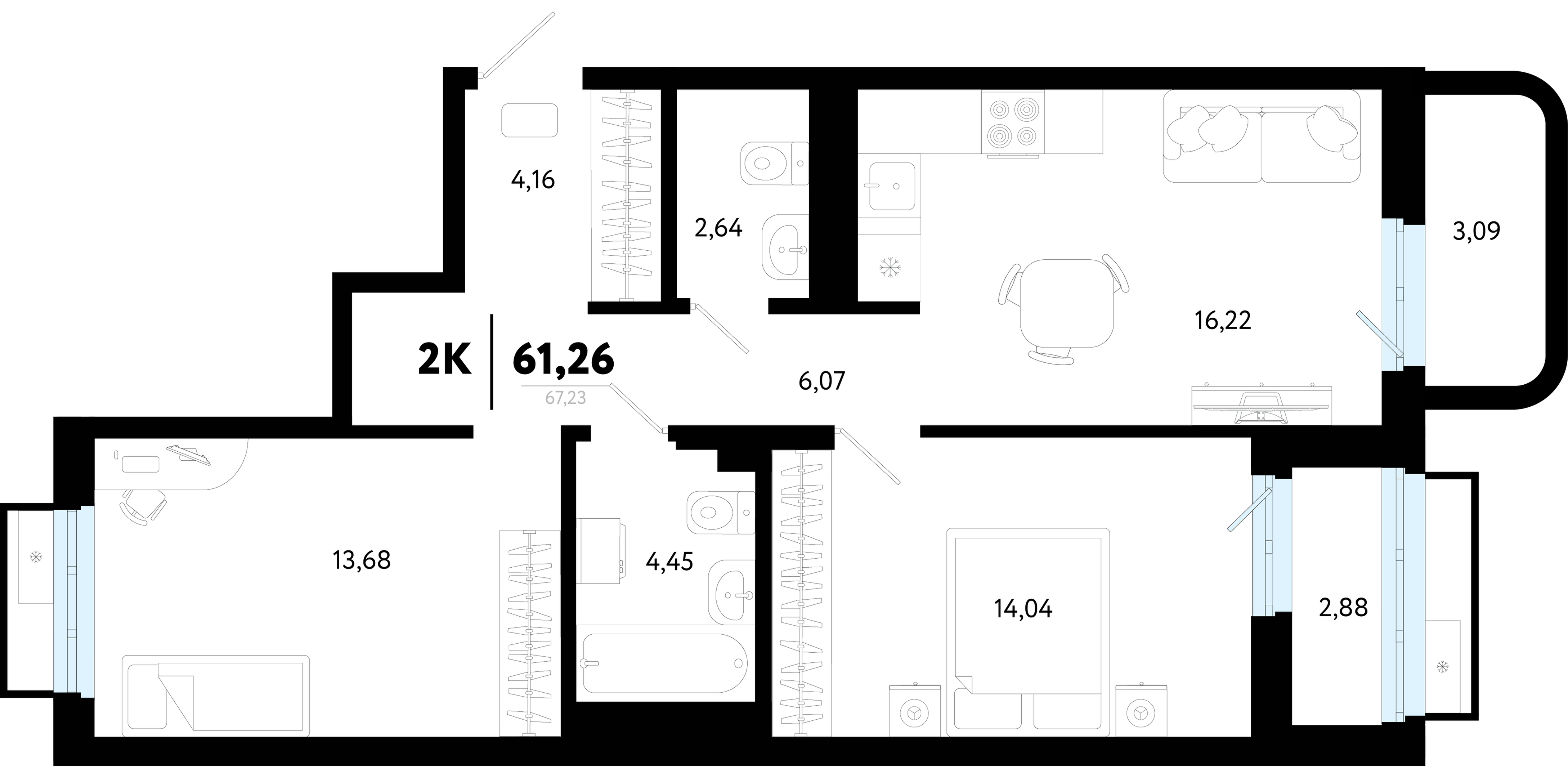 Планировка: Евротрешка 61.3 м² в ЖК Символ, Комарово Парк