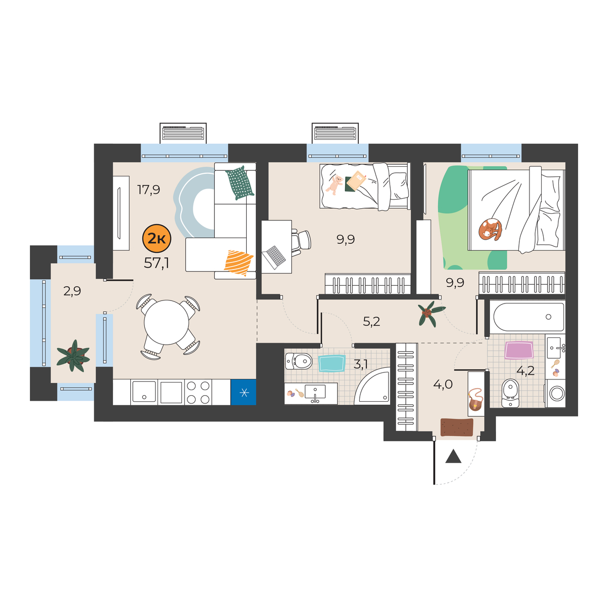 Планировка: Евротрешка 55.1 м² в ЖК Корней, Южный