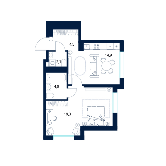 Планировка: Евродвушка 44.8 м² в ЖК AIRIS, Комарово Парк