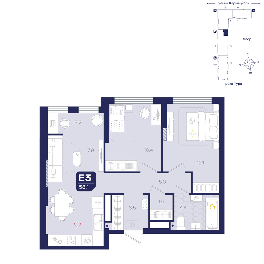 Планировка: Евротрешка 58.1 м² в ЖК Космо, 5-й Заречный