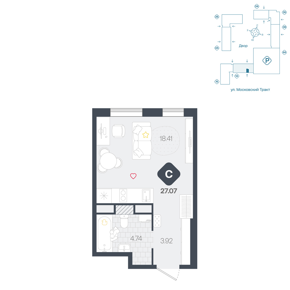 Планировка: Формат уточняется 27.1 м² в ЖК Сибирский, Московский тракт