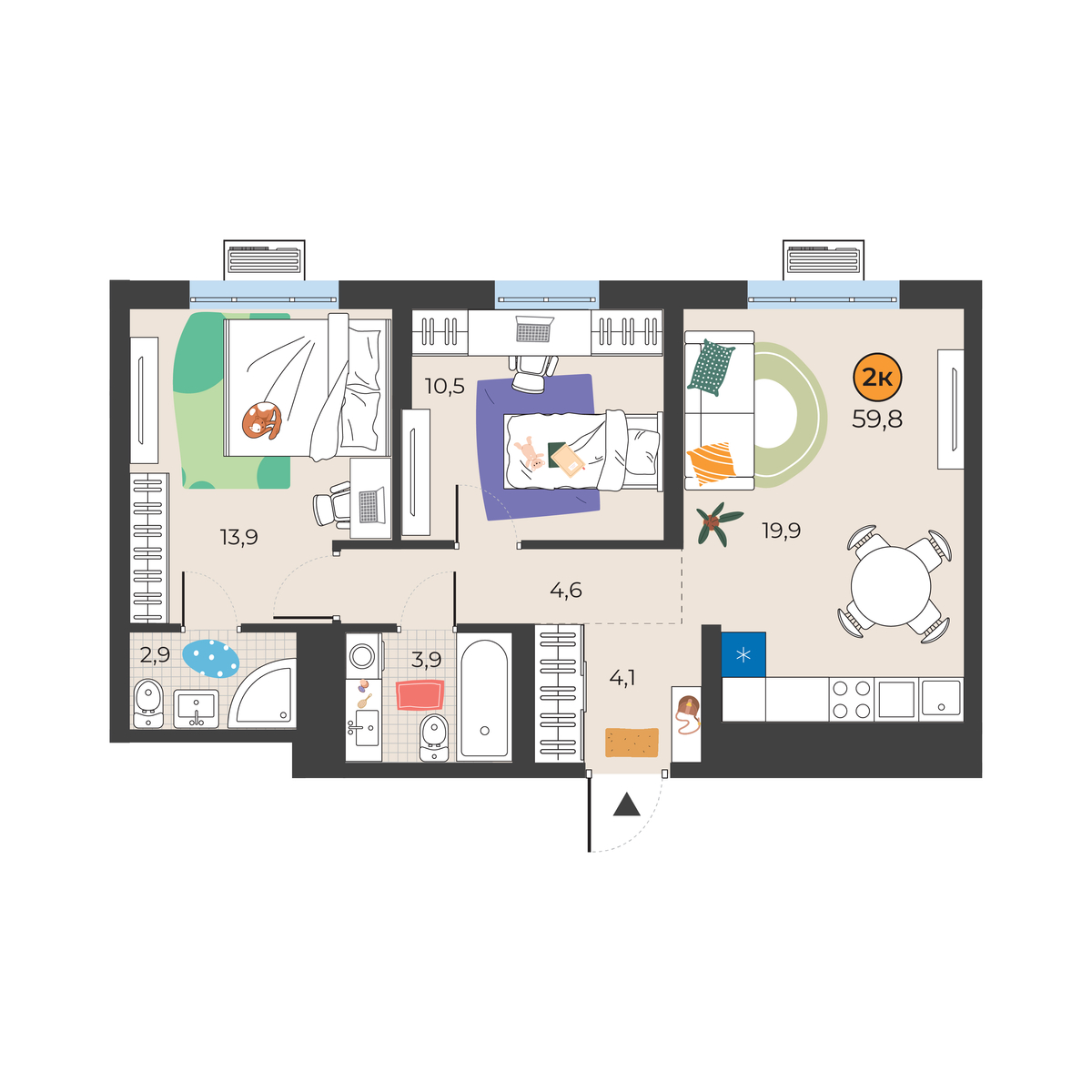 Планировка: Евротрешка 59.8 м² в ЖК Корней, Южный