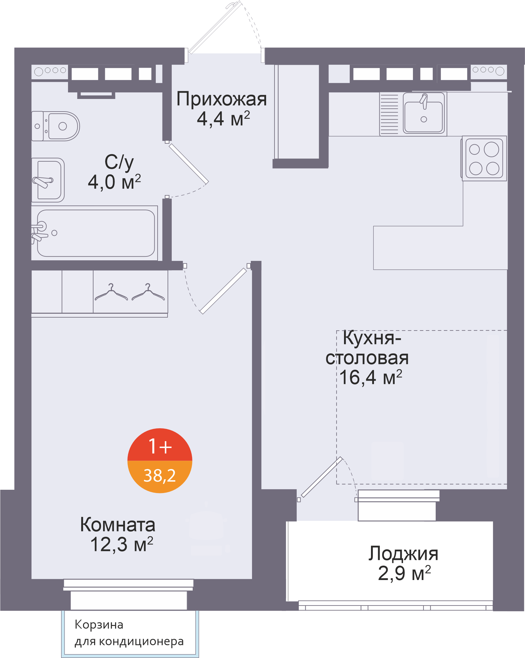 Планировка: Евродвушка 38.2 м² в ЖК Восход, Матмасы