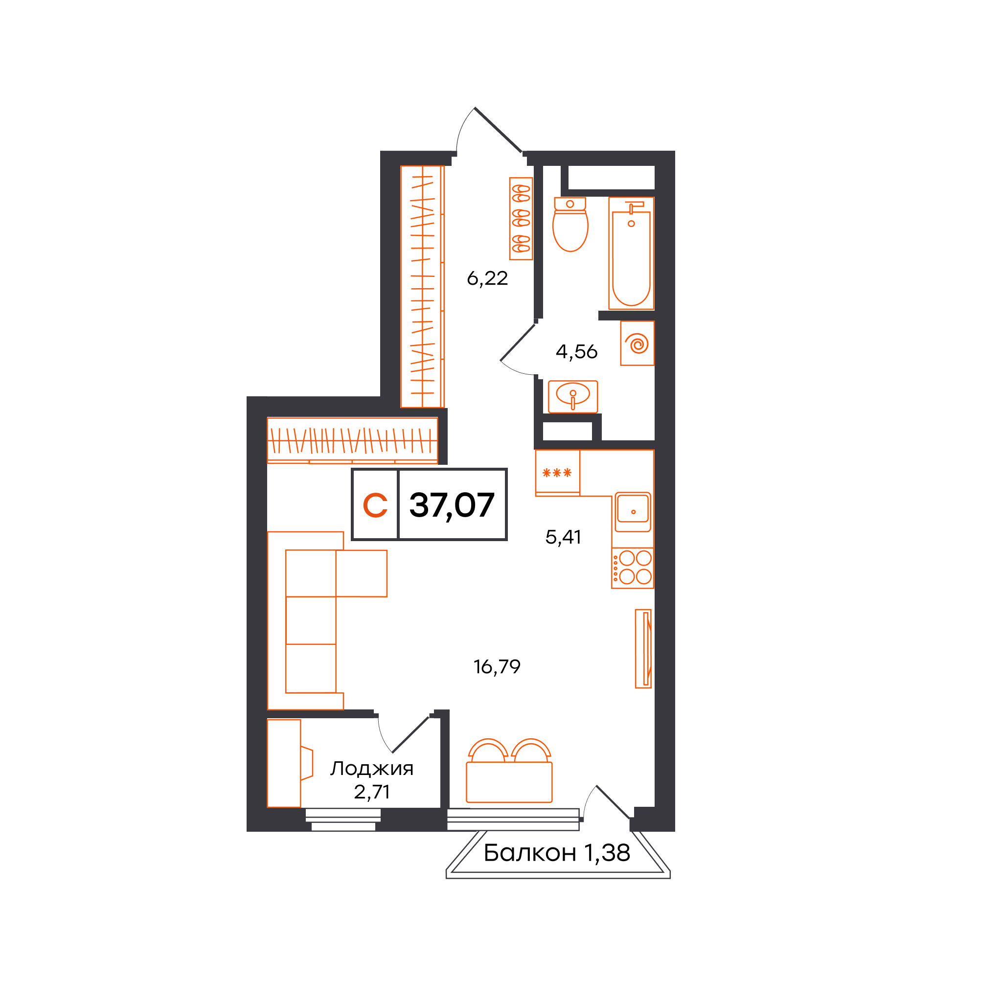 Планировка: Студия 37.1 м² в ЖК Отличие, Комарово Парк