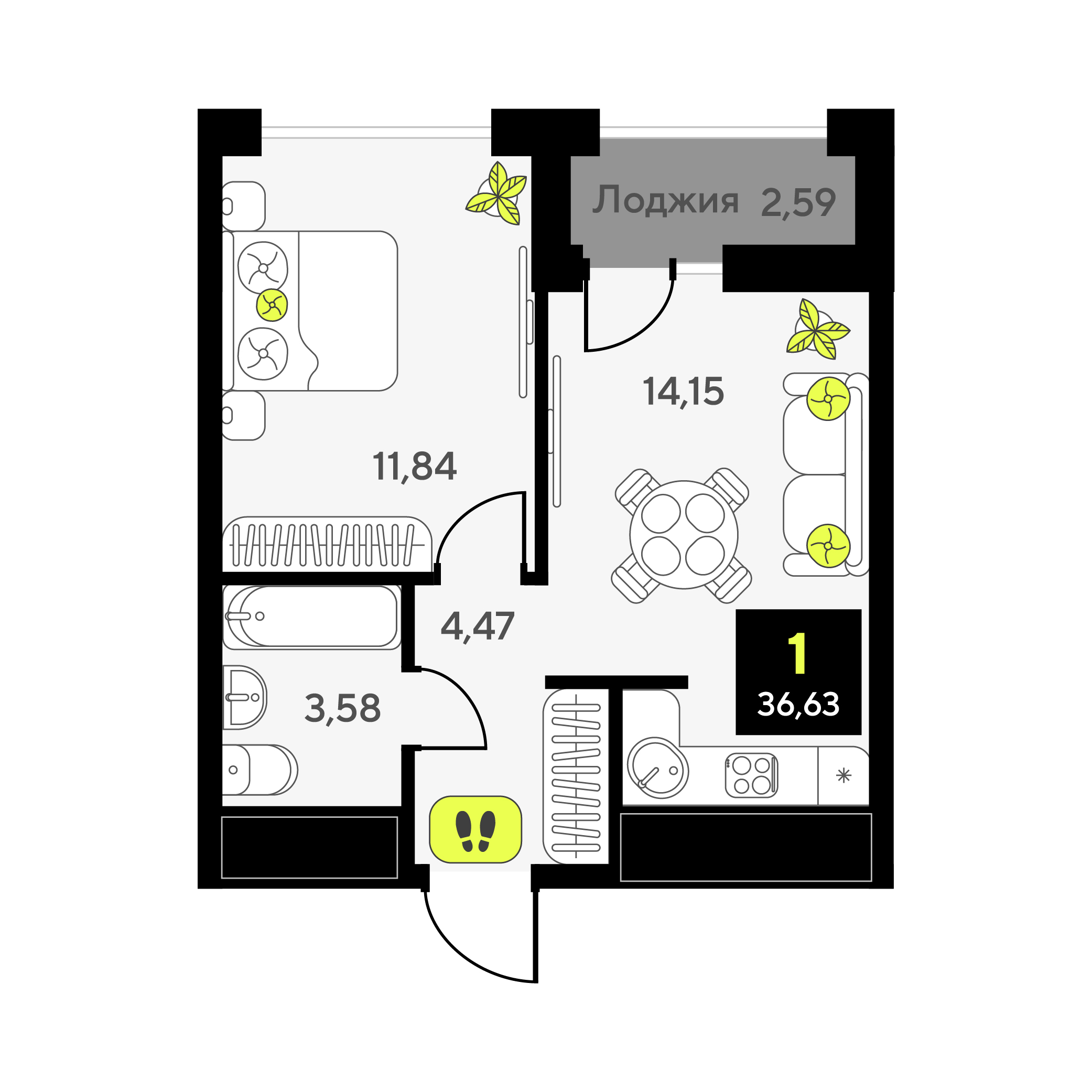 Планировка: Евродвушка 36.6 м² в ЖК Мотивы, От Плеханова до Южного