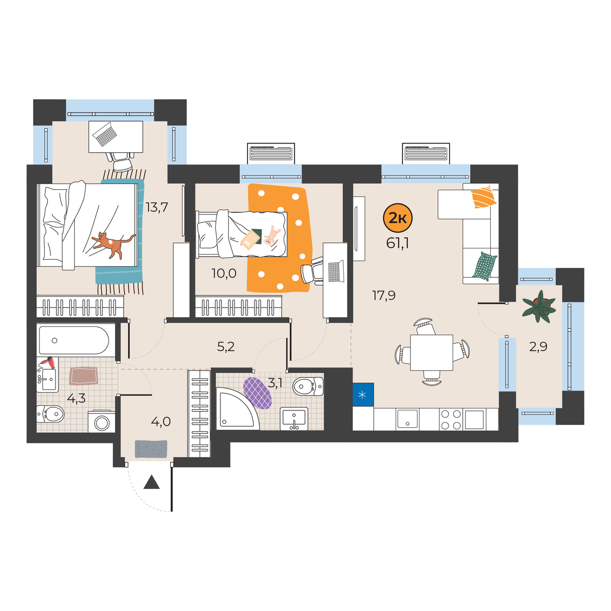 Планировка: Евротрешка 59.1 м² в ЖК Корней, Южный