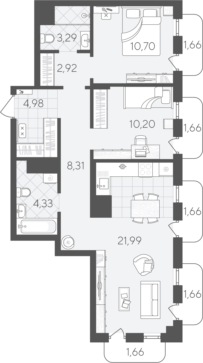 Планировка: Евротрешка 75 м² в ЖК Скандиа. Квартал в Слободе, Тюменская слобода