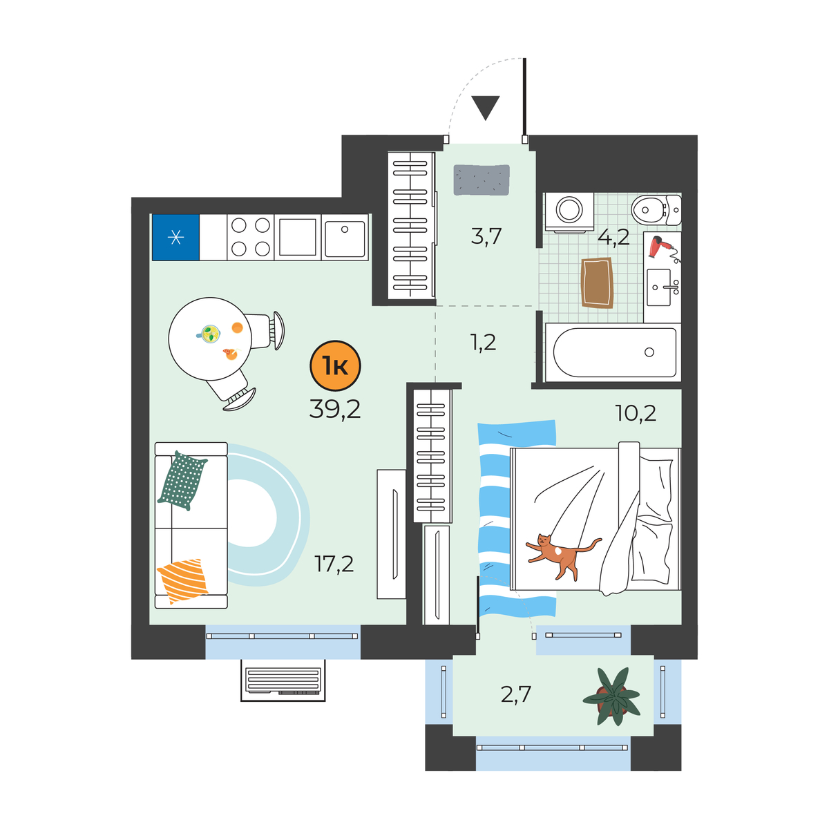 Планировка: Евродвушка 37.3 м² в ЖК Корней, Южный
