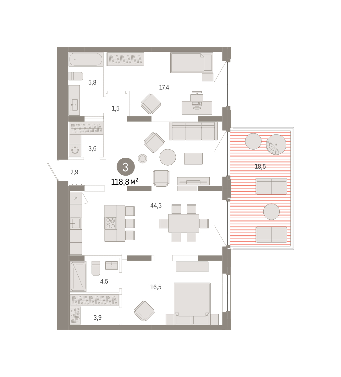 Планировка: 4-комнатная евро 118.8 м² в ЖК Зарека, Заречный