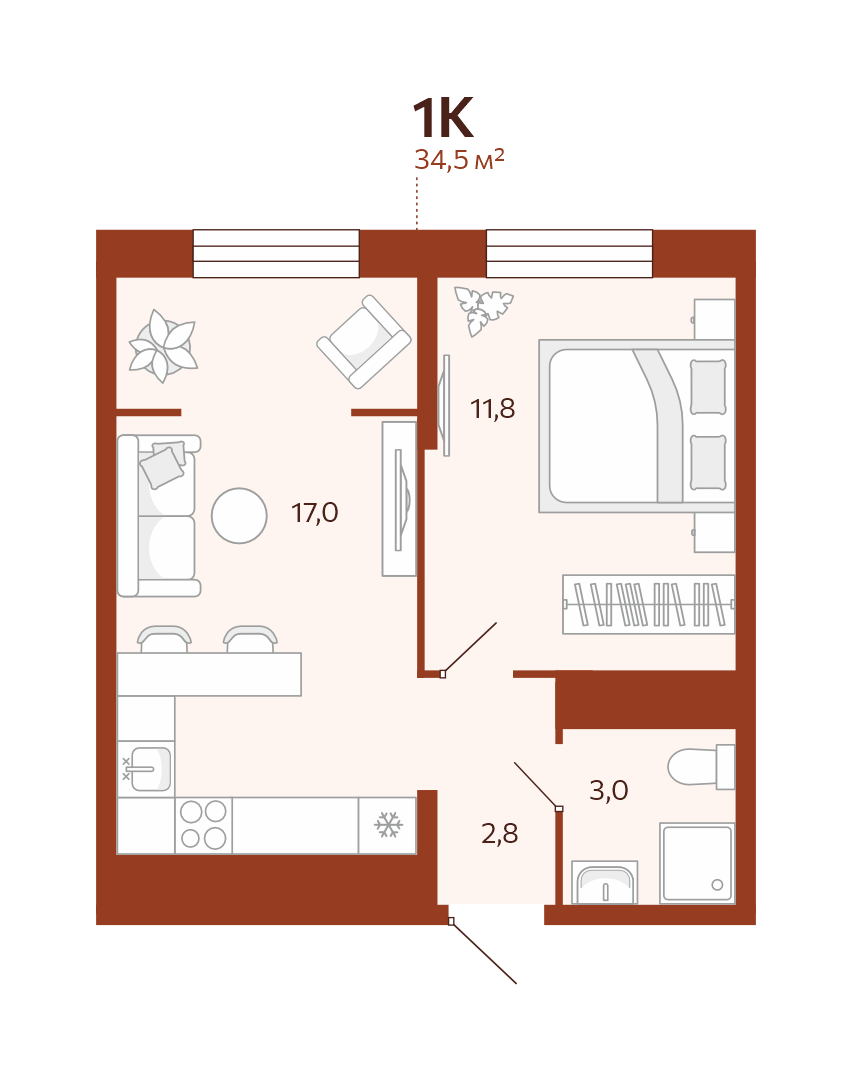 Планировка: Евродвушка 34.5 м² в ЖК Новатор, Центр: КПД