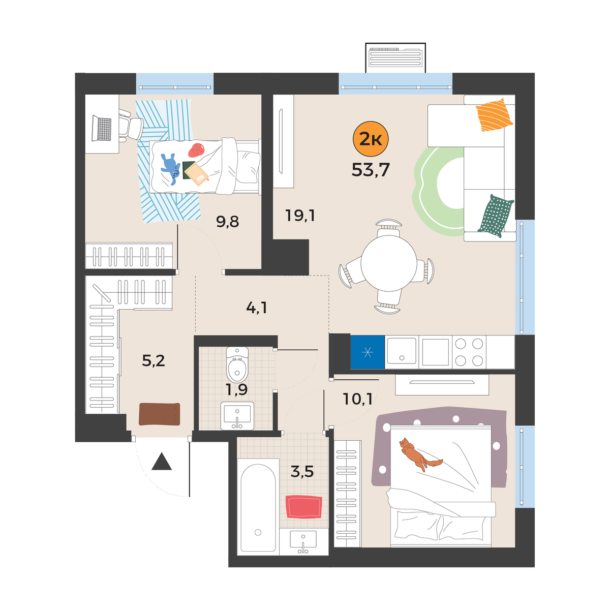 Планировка: Евротрешка 53.7 м² в ЖК Корней, Южный