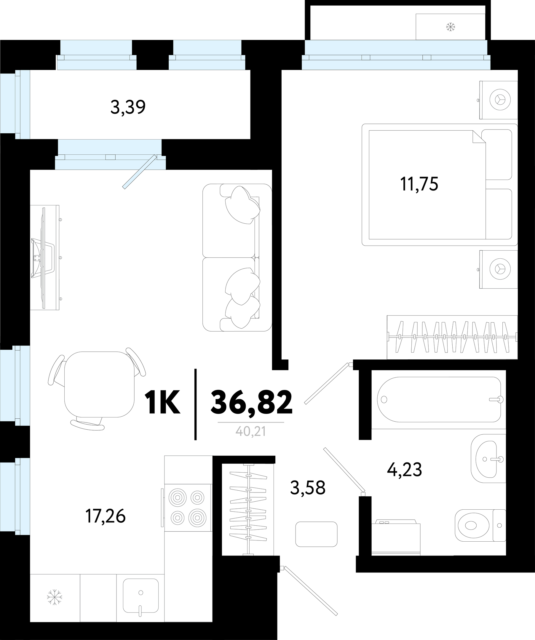 Планировка: Евродвушка 36.8 м² в ЖК Символ, Комарово Парк