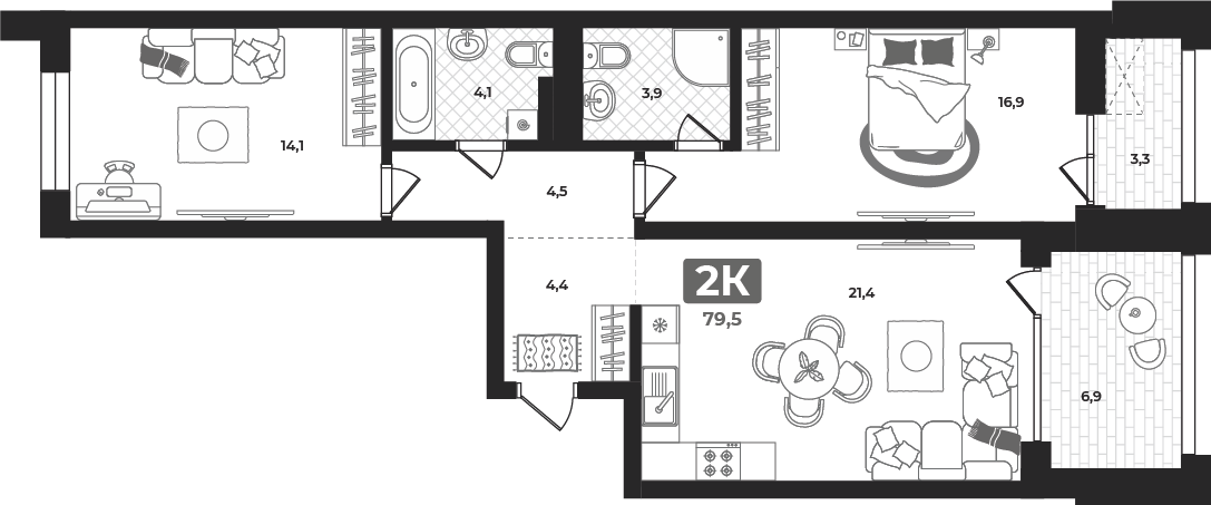 Планировка: Евротрешка 80 м² в ЖК Маэстро, 5-й Заречный