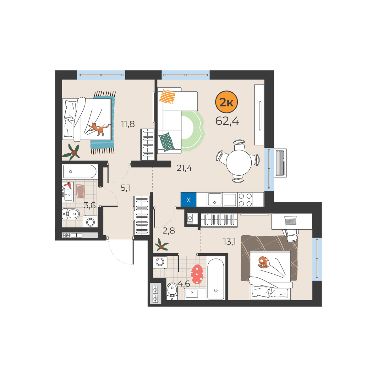 Планировка: Евротрешка 62.4 м² в ЖК Корней, Южный