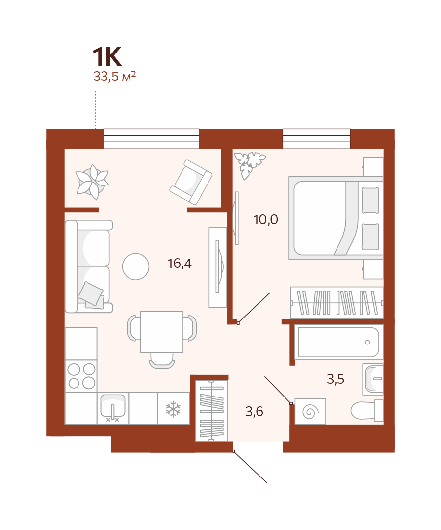 Планировка: Евродвушка 33.5 м² в ЖК Новатор, Центр: КПД