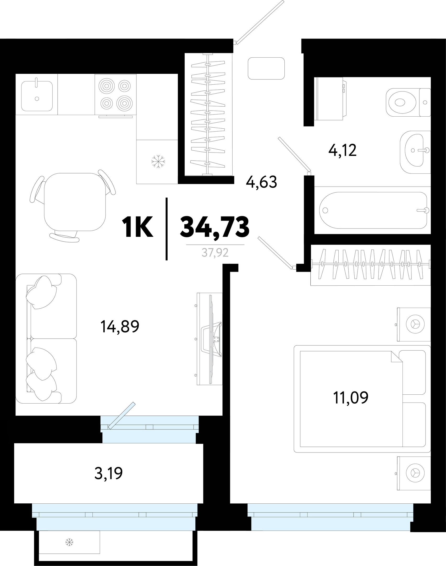 Планировка: Евродвушка 34.7 м² в ЖК Символ, Комарово Парк