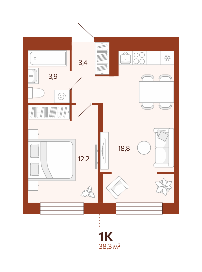 Планировка: Евродвушка 38.3 м² в ЖК Новатор, Центр: КПД
