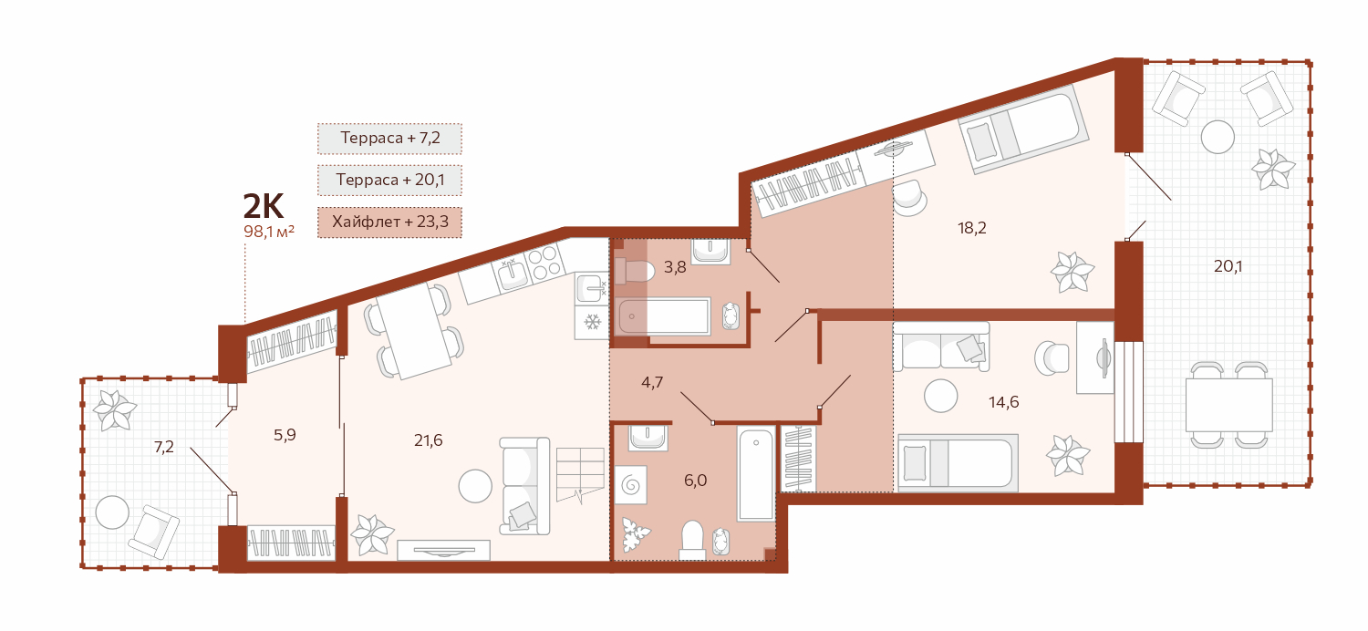 Планировка: Евротрешка 74.8 м² в ЖК Новатор, Центр: КПД