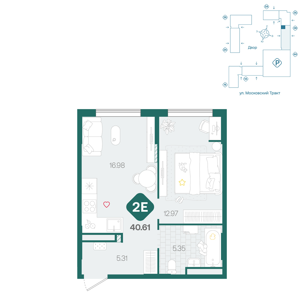 Планировка: Евродвушка 40.6 м² в ЖК Сибирский, Московский тракт