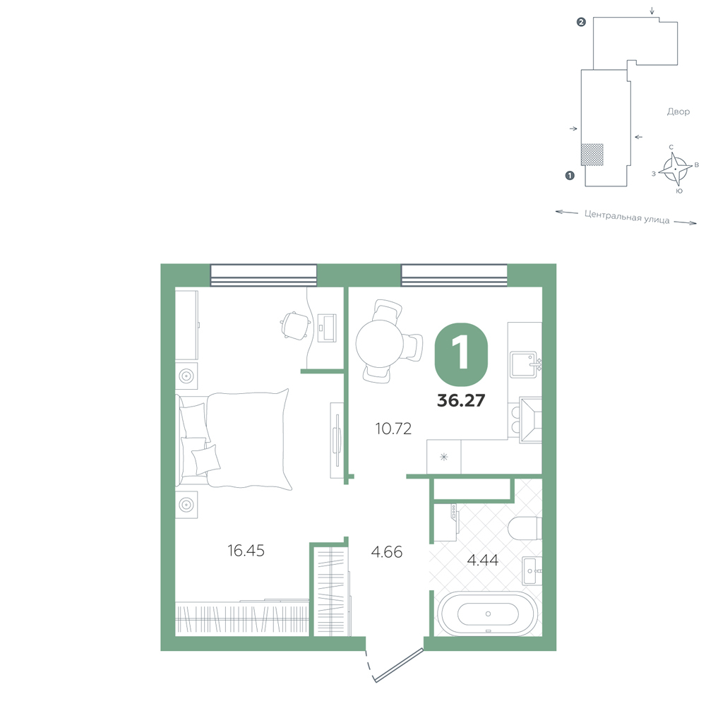 Планировка: 1-комнатная 36.3 м² в ЖК Крылья, Область
