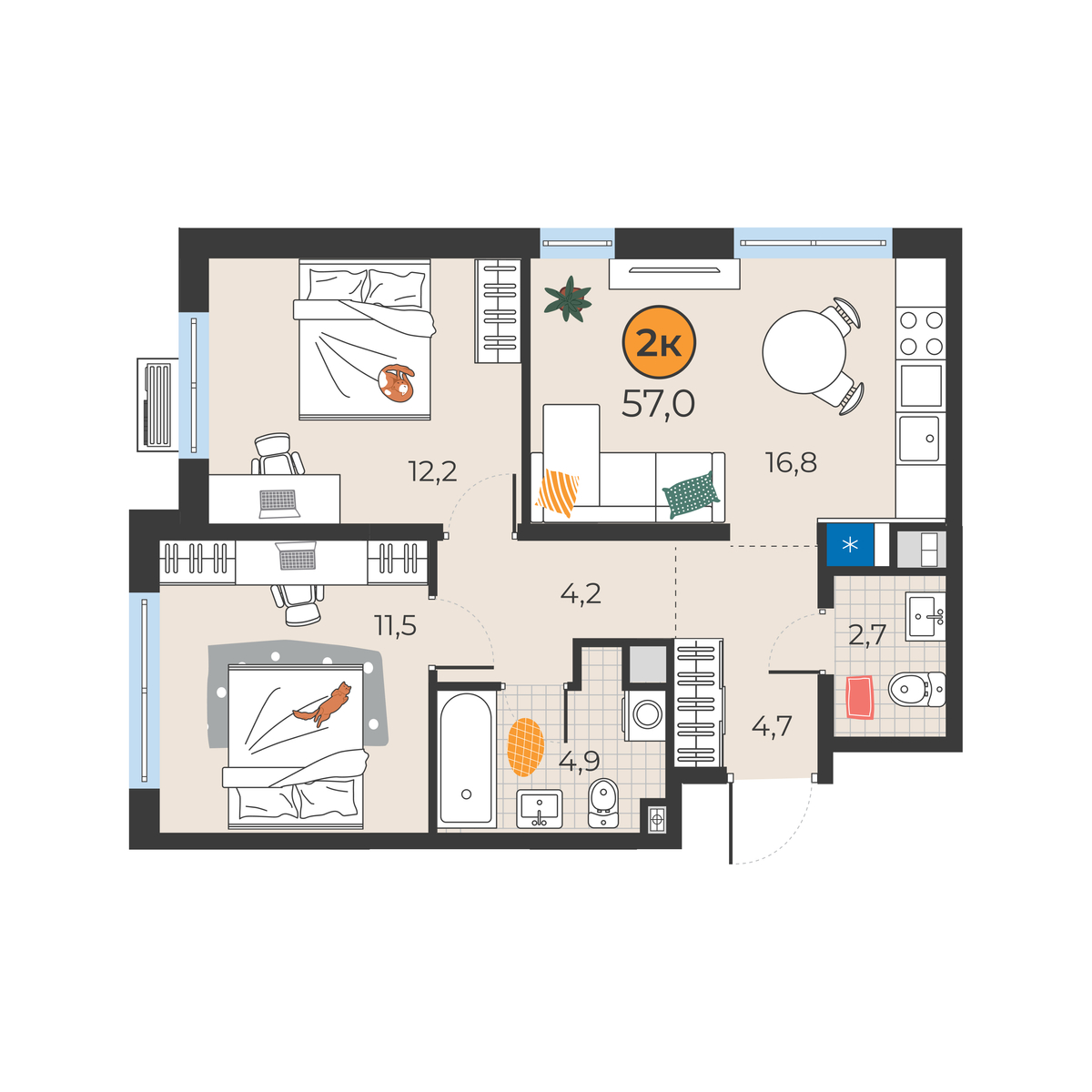 Планировка: Евротрешка 57 м² в ЖК Корней, Южный