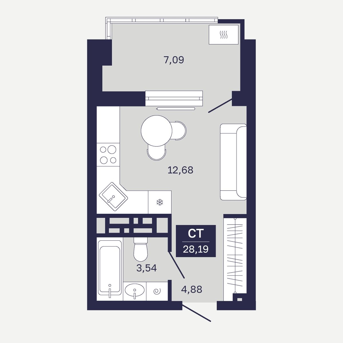 Планировка: Студия 28.2 м² в ЖК Дом на Ямской, Дом Обороны