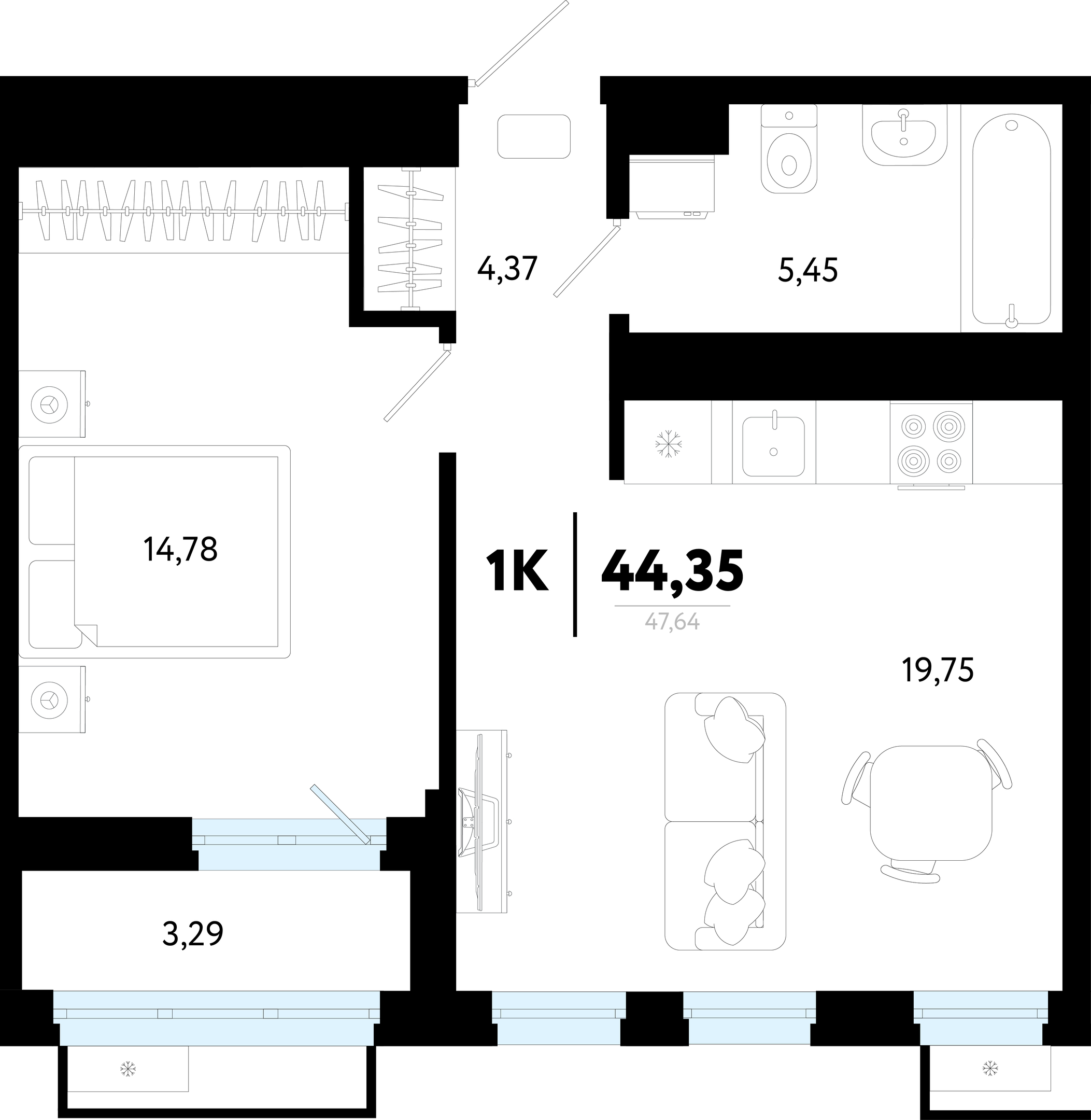 Планировка: Евродвушка 44.4 м² в ЖК Символ, Комарово Парк