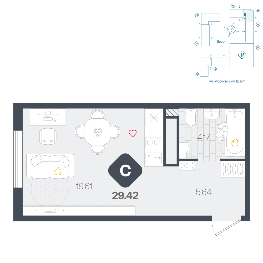 Планировка: Студия 29.4 м² в ЖК Сибирский, Московский тракт