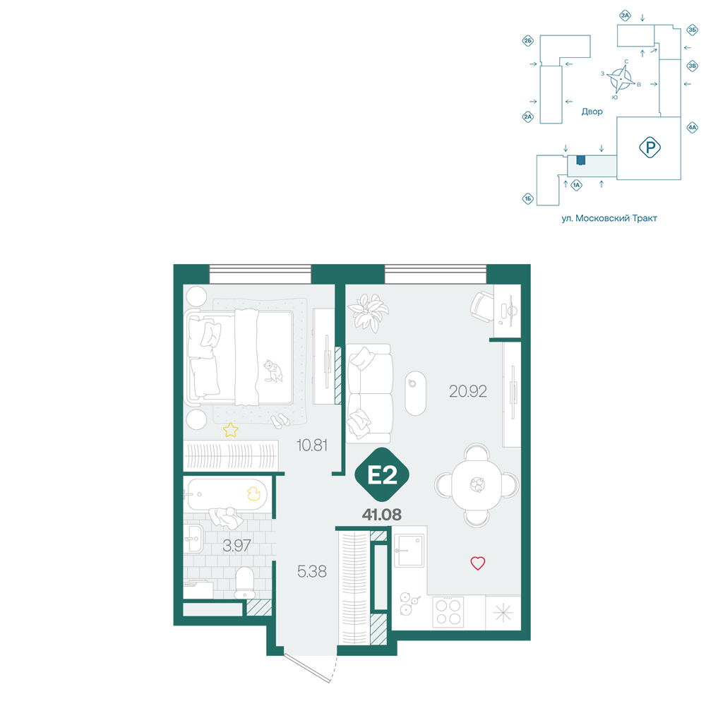 Планировка: Евродвушка 41.1 м² в ЖК Сибирский, Московский тракт