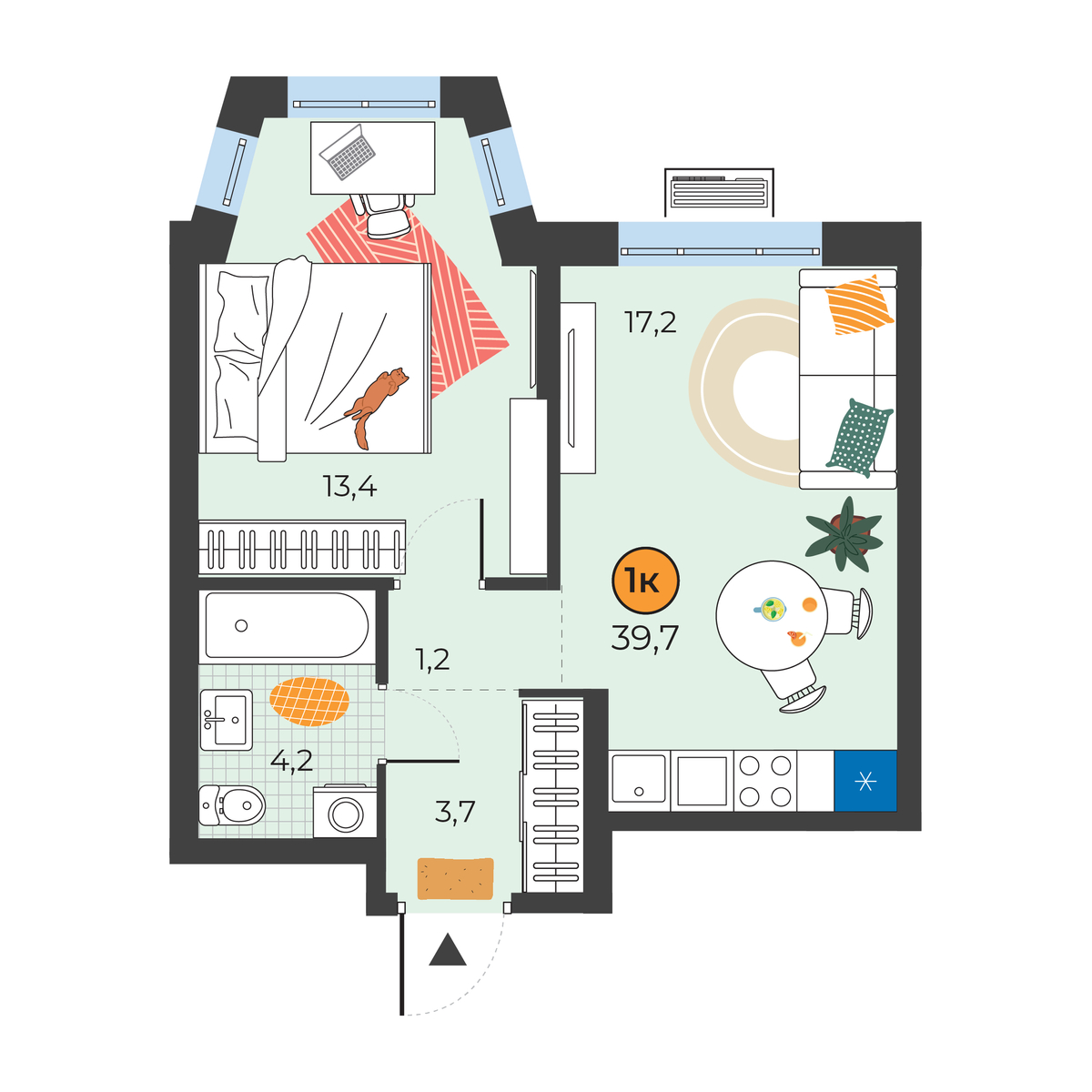 Планировка: Евродвушка 39.7 м² в ЖК Корней, Южный
