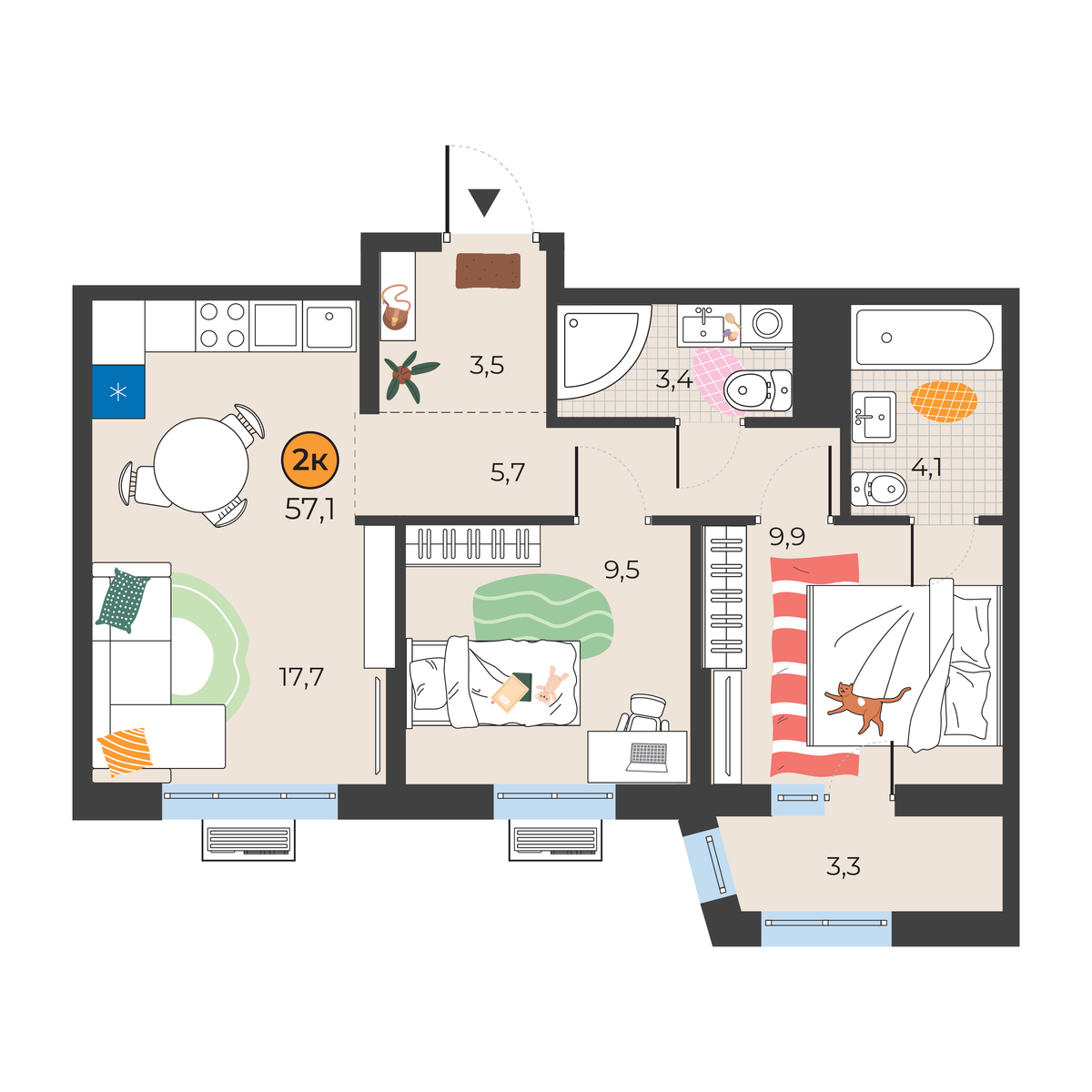 Планировка: Евротрешка 54.8 м² в ЖК Корней, Южный