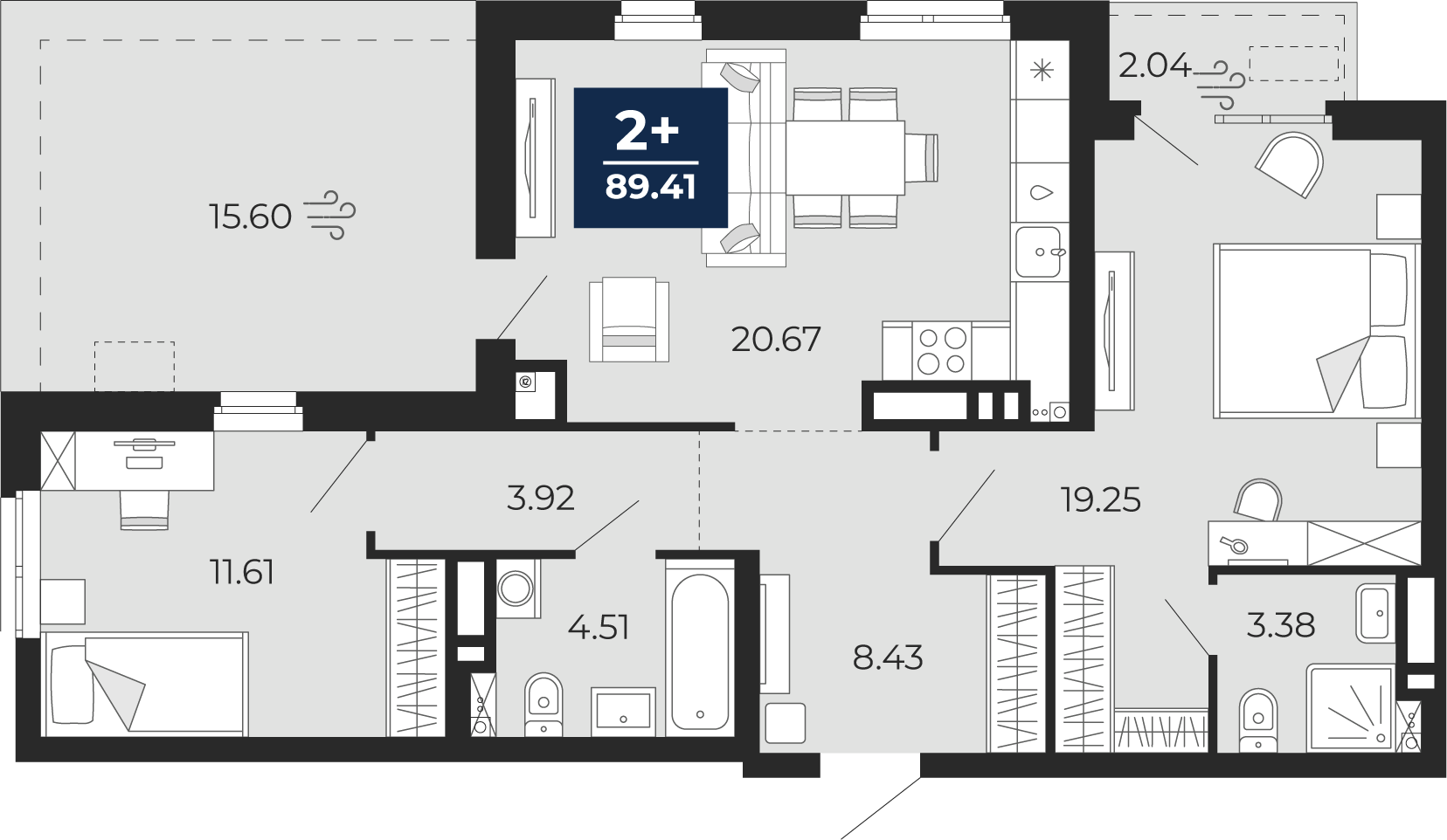 Планировка: Евротрешка 71.8 м² в ЖК Мириады, Мыс