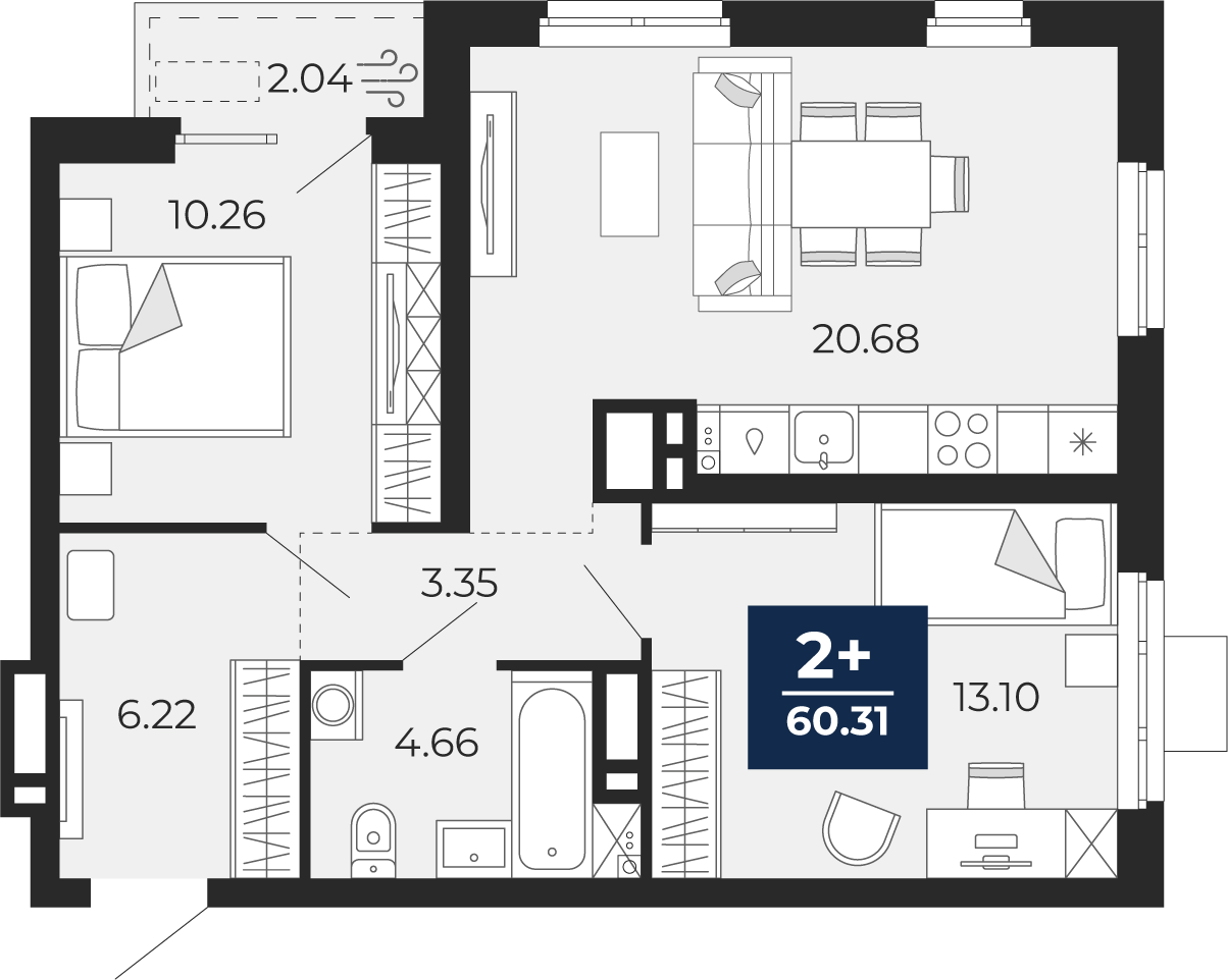 Планировка: Евротрешка 58.3 м² в ЖК Мириады, Мыс