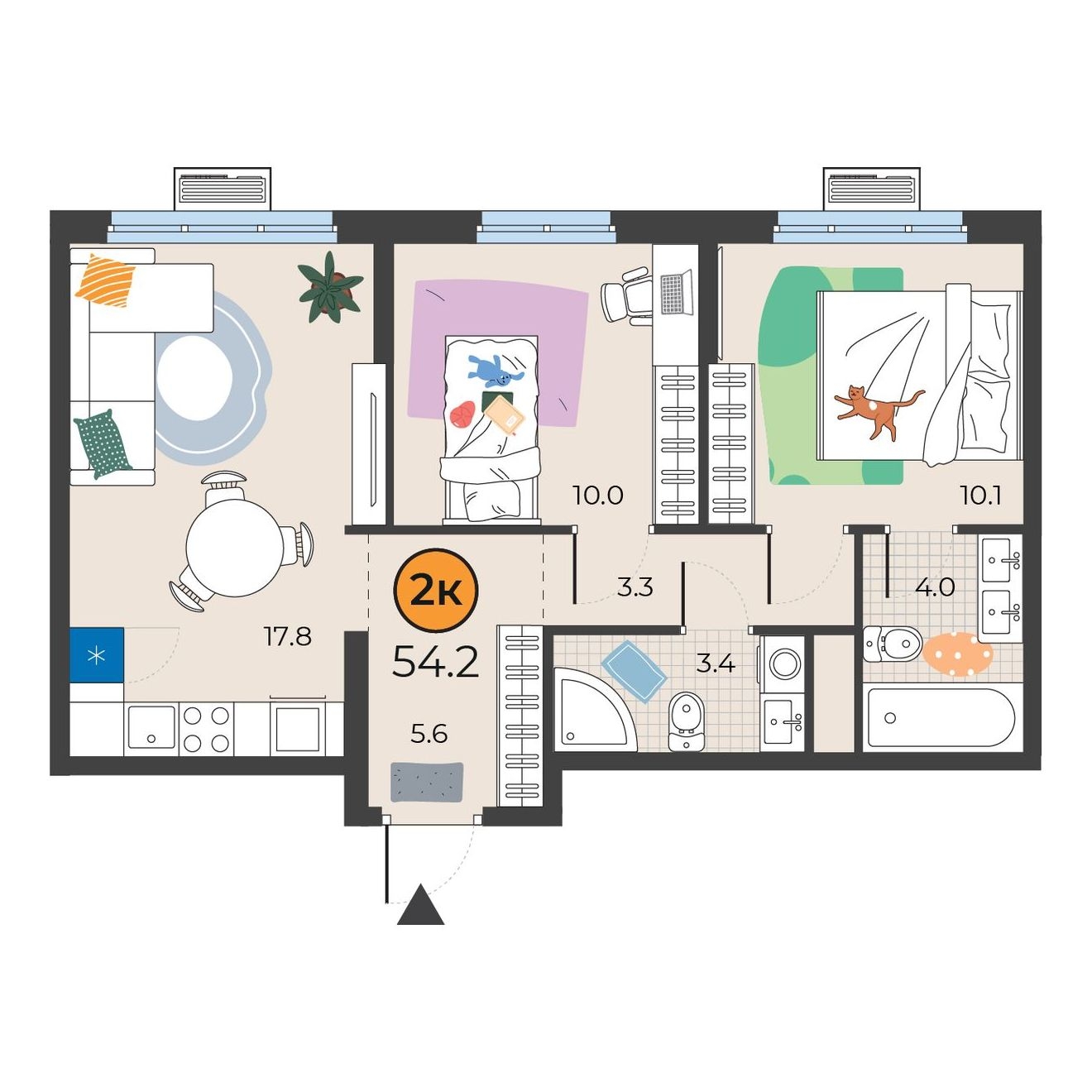 Планировка: Евротрешка 54.2 м² в ЖК Корней, Южный