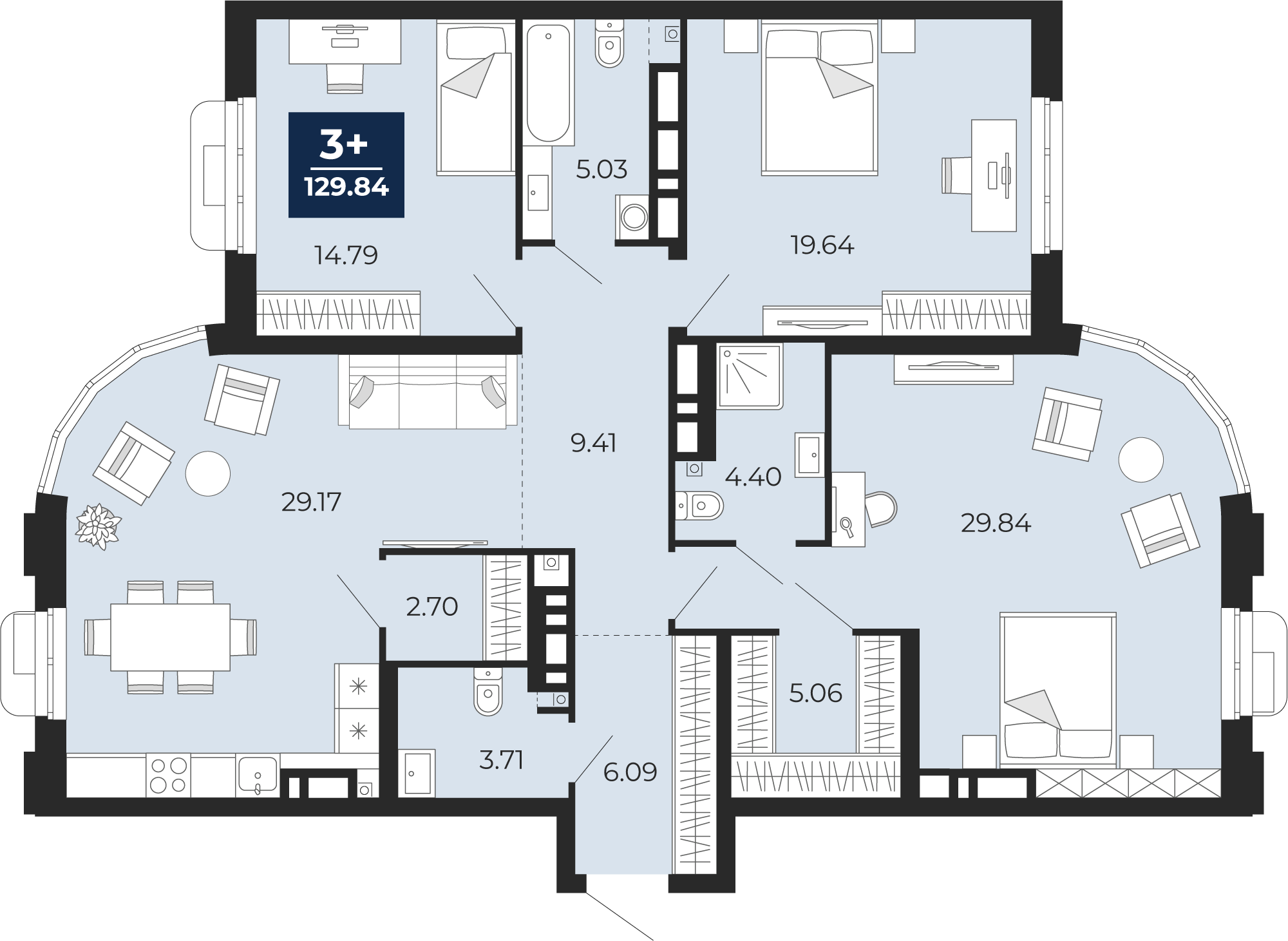 Планировка: 4-комнатная евро 129.8 м² в ЖК Айвазовский, 5-й Заречный