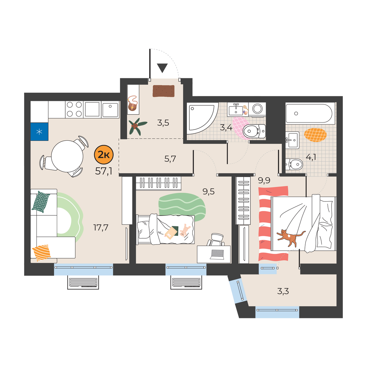 Планировка: Евротрешка 54.8 м² в ЖК Корней, Южный