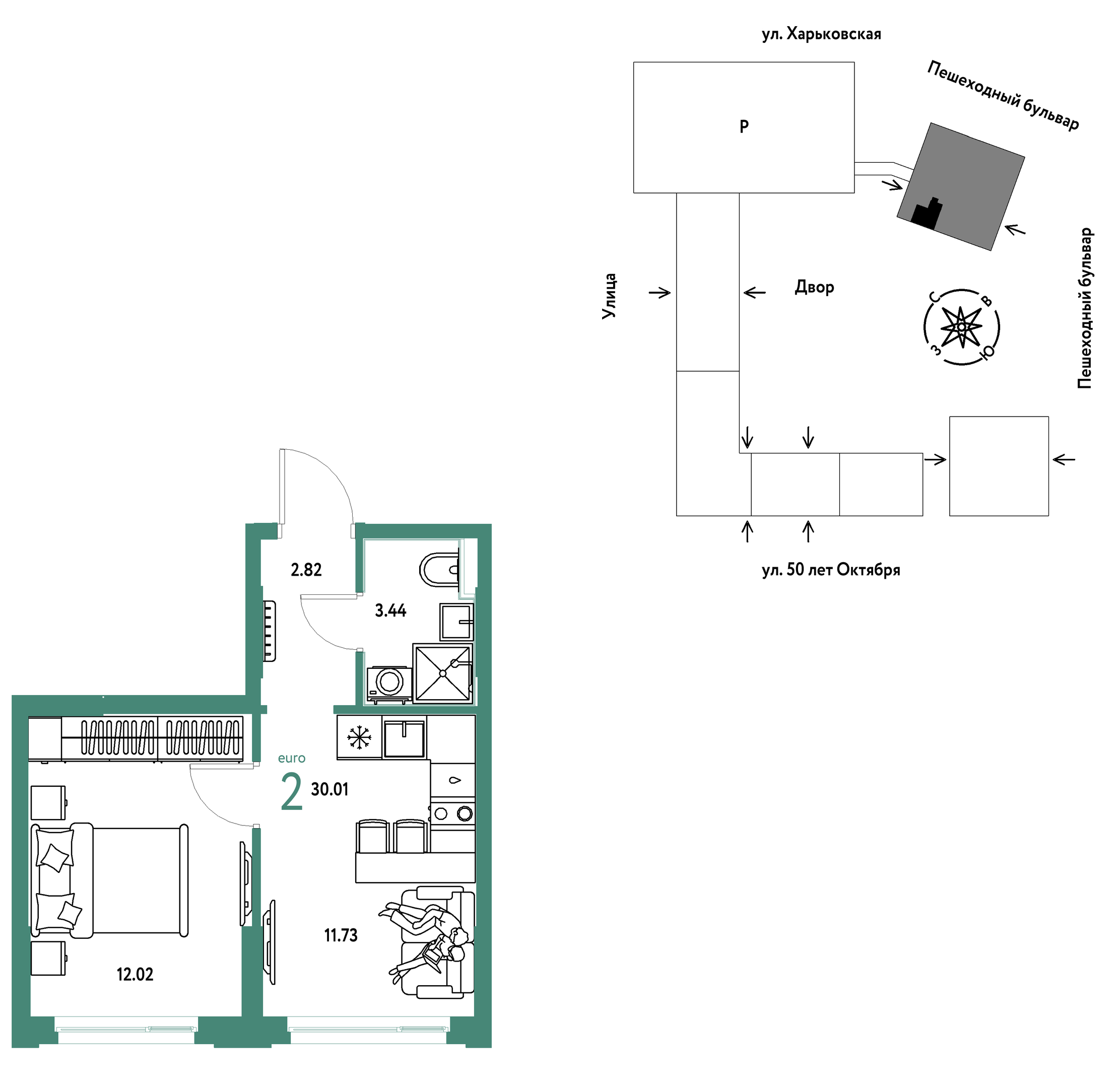 Планировка: 1-комнатная 30 м² в ЖК Сердце Сибири, Центр: КПД