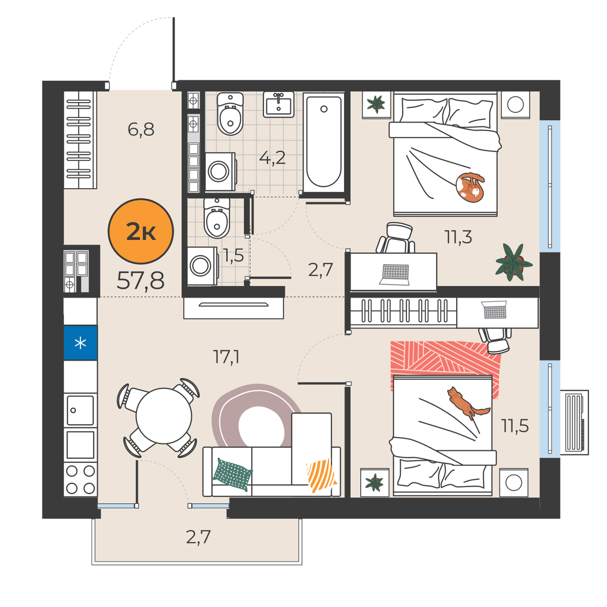 Планировка: Евротрешка 55.1 м² в ЖК Корней, Южный