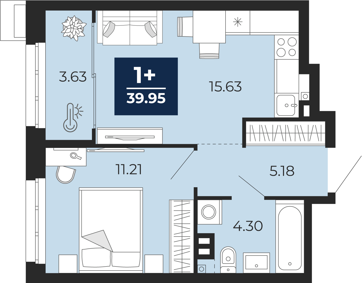 Планировка: Евродвушка 40 м² в ЖК Айвазовский, 5-й Заречный