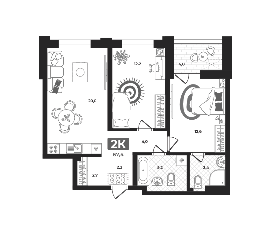 Планировка: Евротрешка 68.1 м² в ЖК Маэстро, 5-й Заречный