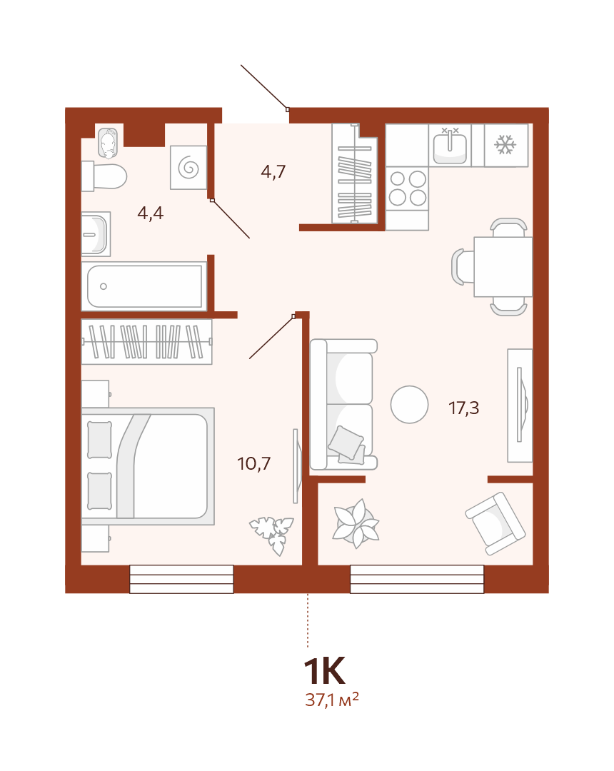 Планировка: Евродвушка 37 м² в ЖК Новатор, Центр: КПД