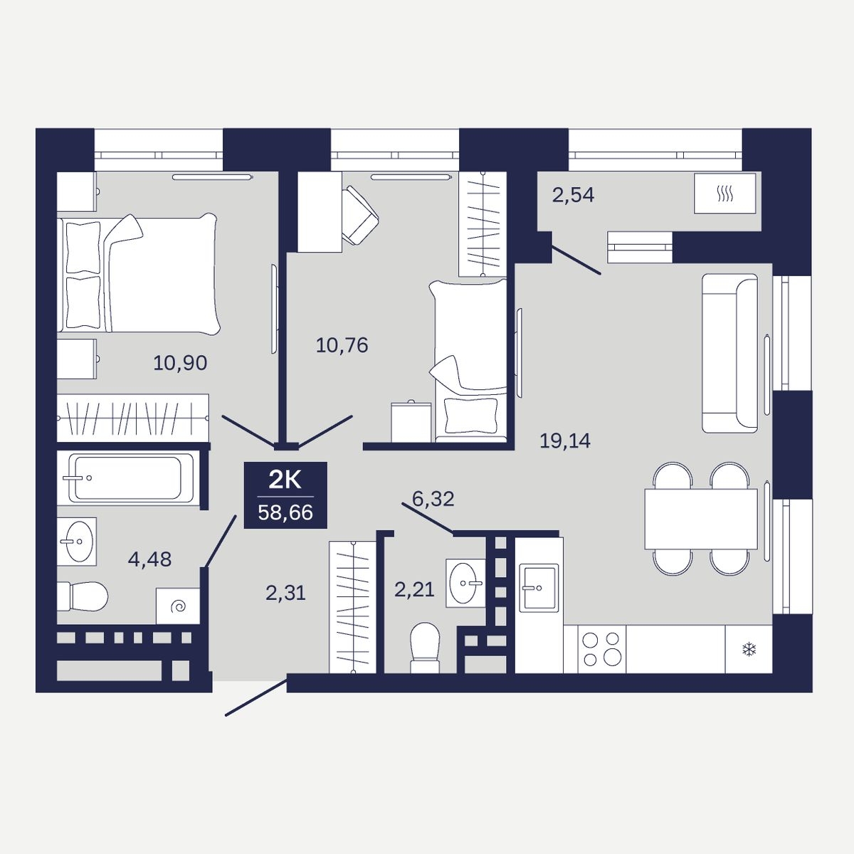 Планировка: Евротрешка 58.7 м² в ЖК Дом на Ямской, Дом Обороны