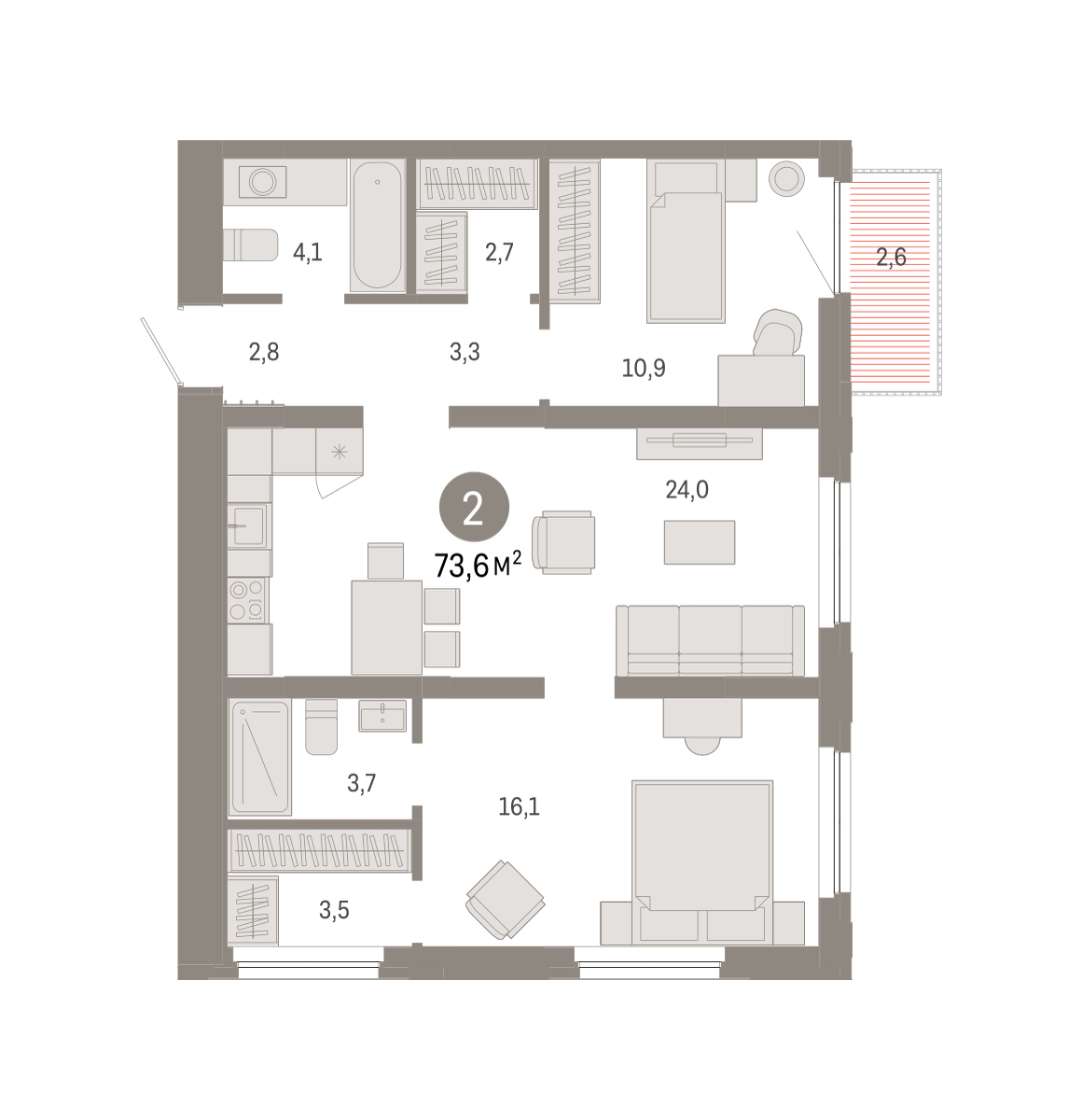Планировка: Евротрешка 73.6 м² в ЖК Зарека, Заречный