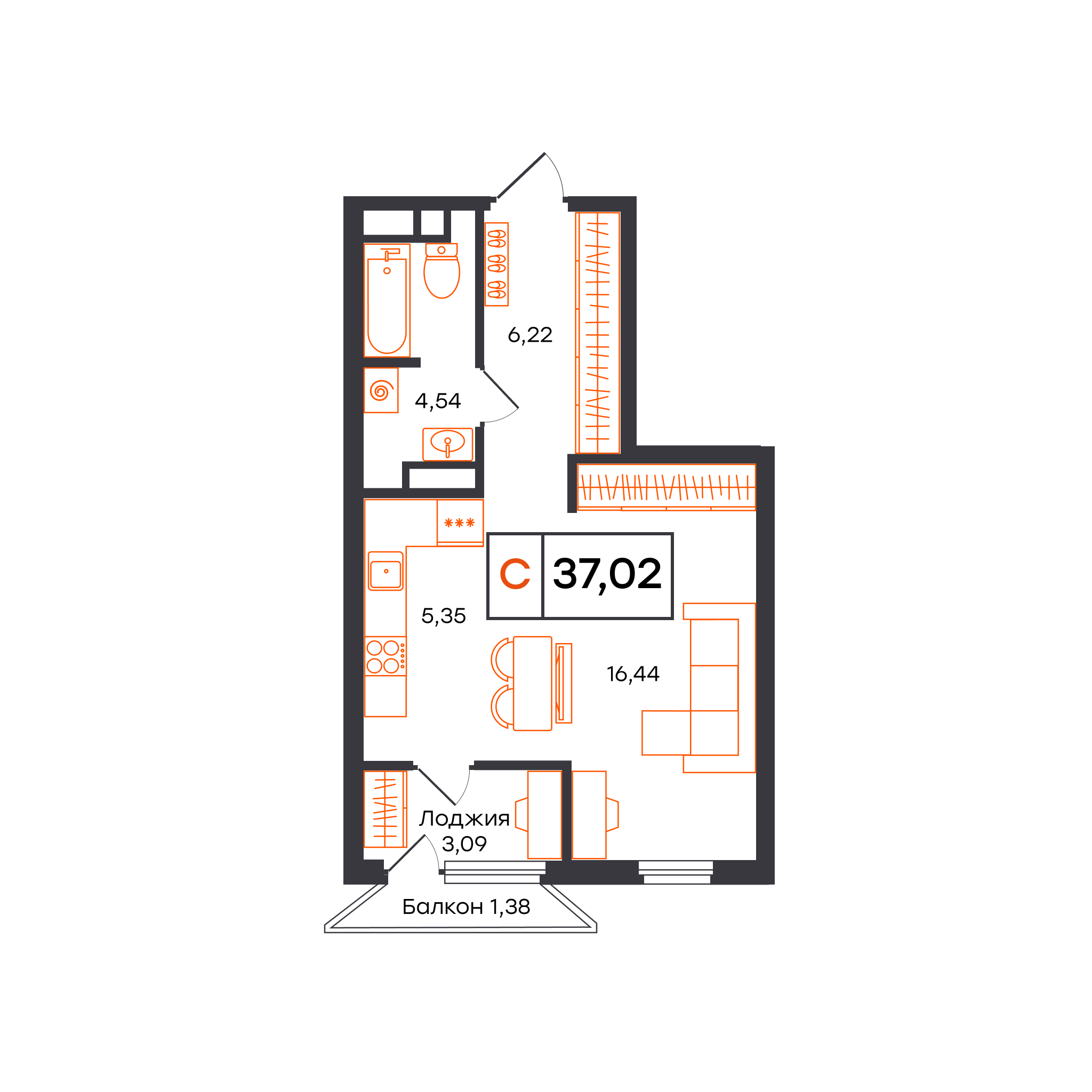 Планировка: Студия 37 м² в ЖК Отличие, Комарово Парк