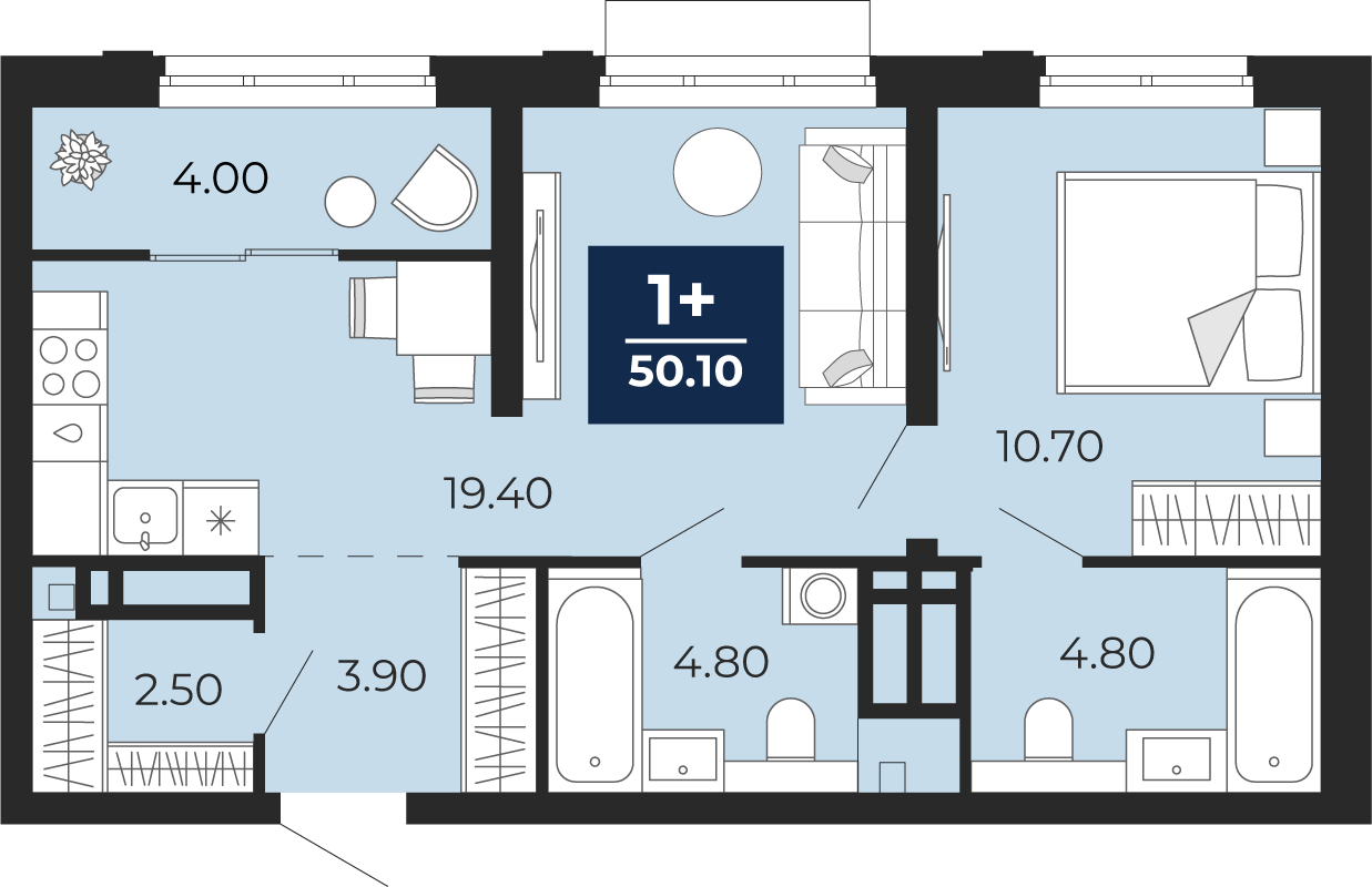Планировка: Евродвушка 46.1 м² в ЖК Айвазовский, 5-й Заречный