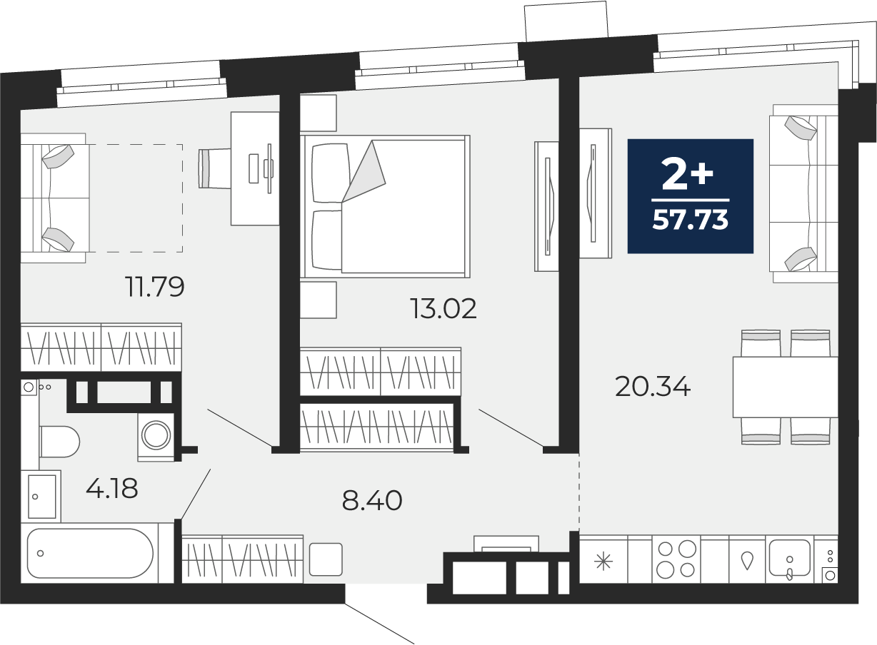 Планировка: Евротрешка 57.7 м² в ЖК Прео, Тюменская слобода