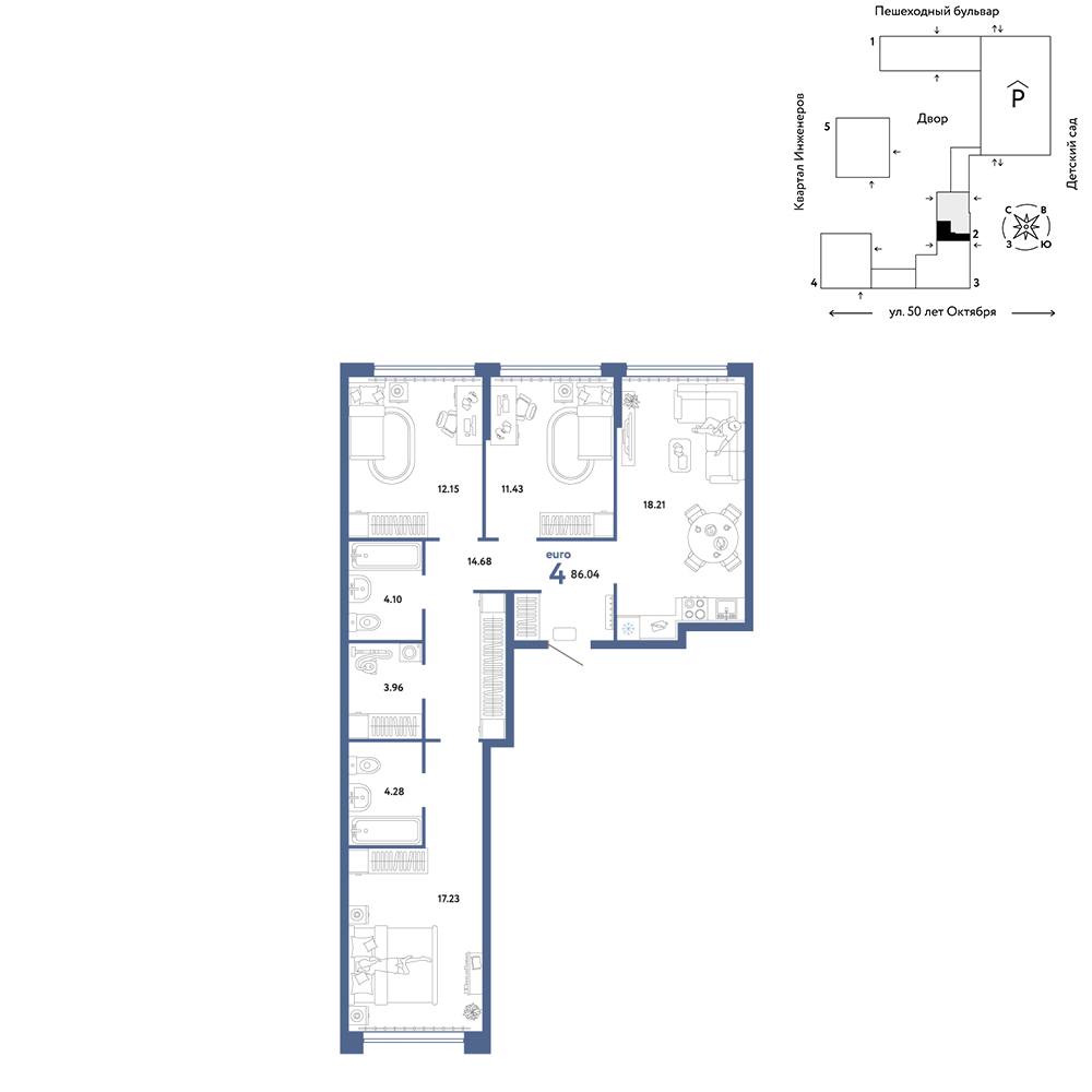 Планировка: 4-комнатная евро 86 м² в ЖК Сердце Сибири, Центр: КПД